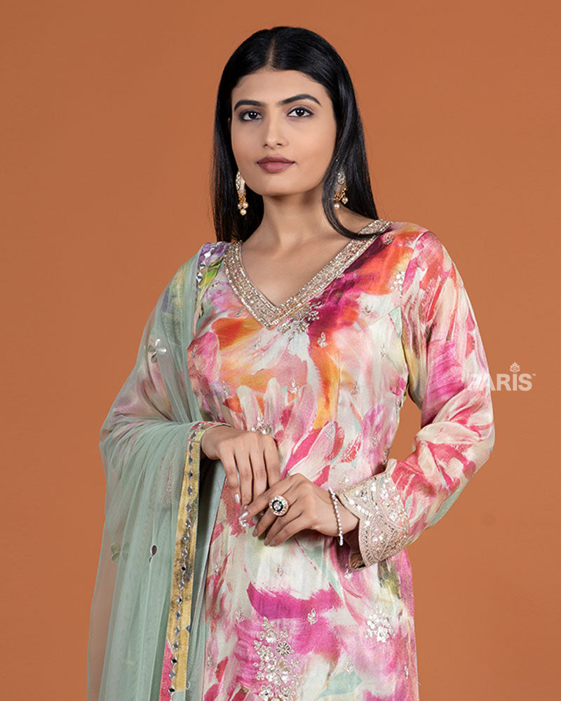 Multicolor kameez with Pista Salwar and Dupatta 02