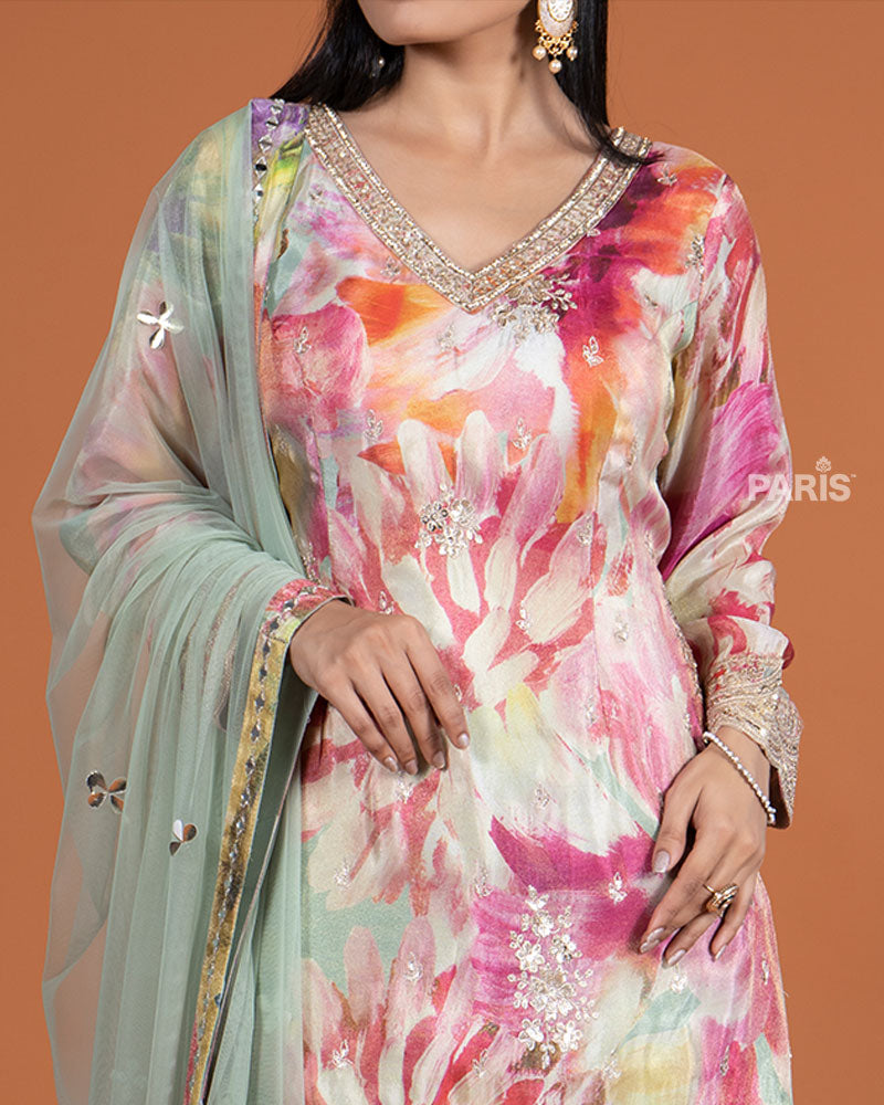 Multicolor kameez with Pista Salwar and Dupatta 03
