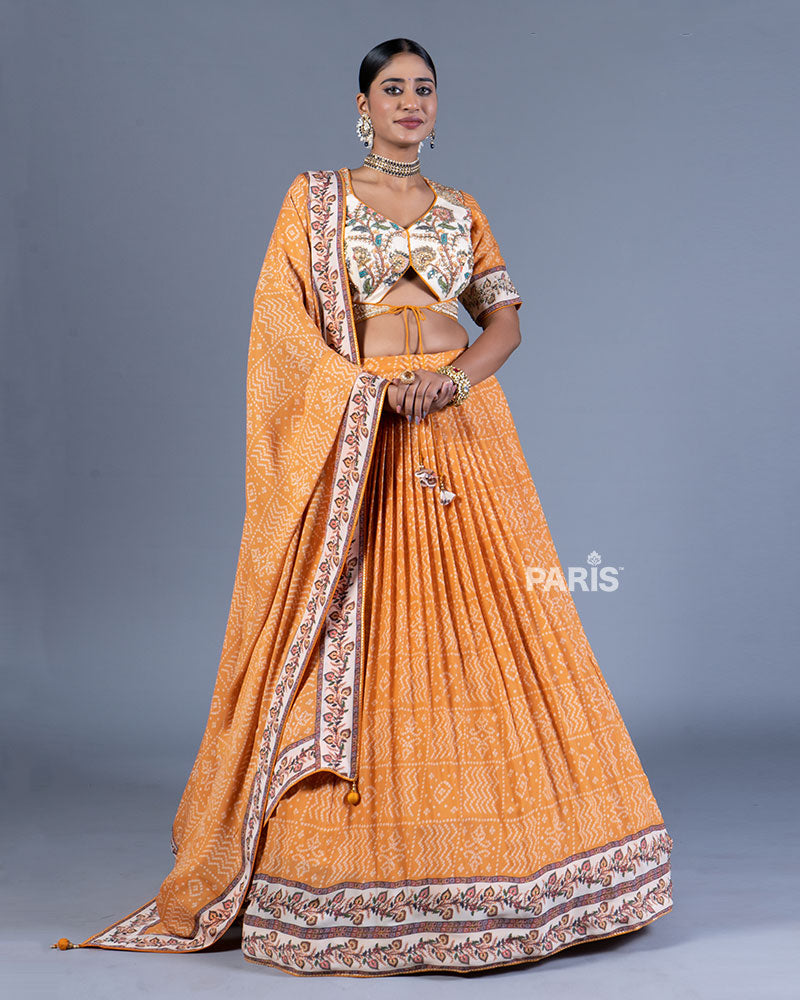 Mustard Orange Pleated Lehenga with Embroidered Cream Choli and Dupatta 01
