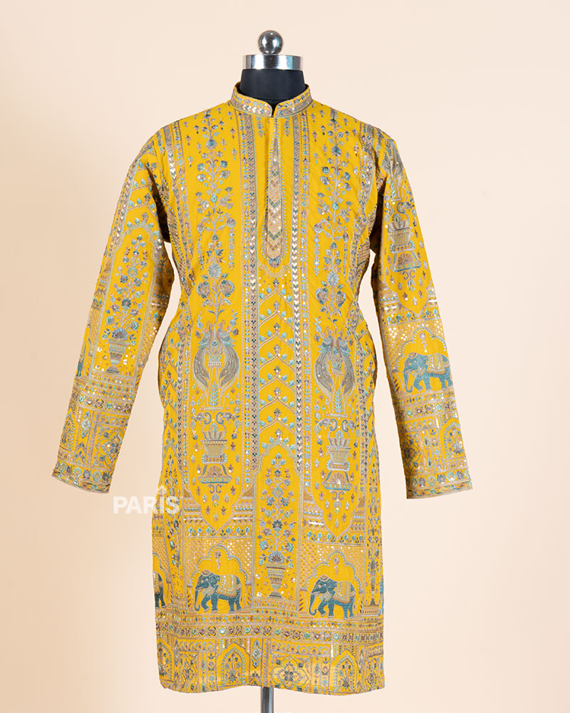 Mustard Yellow Embroidered Kurta with White Pajama Set 01