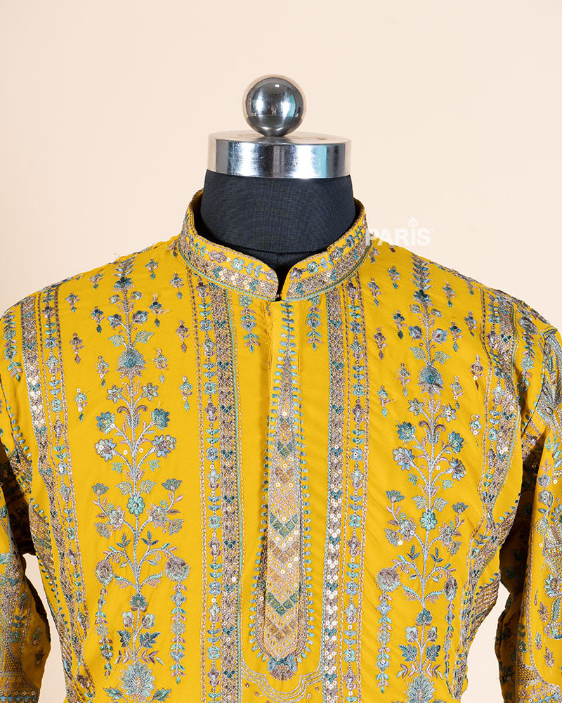 Mustard Yellow Embroidered Kurta with White Pajama Set 02