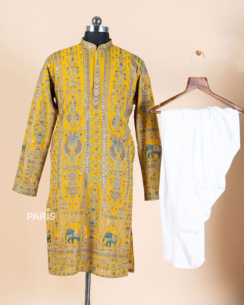 Mustard Yellow Embroidered Kurta with White Pajama Set 03