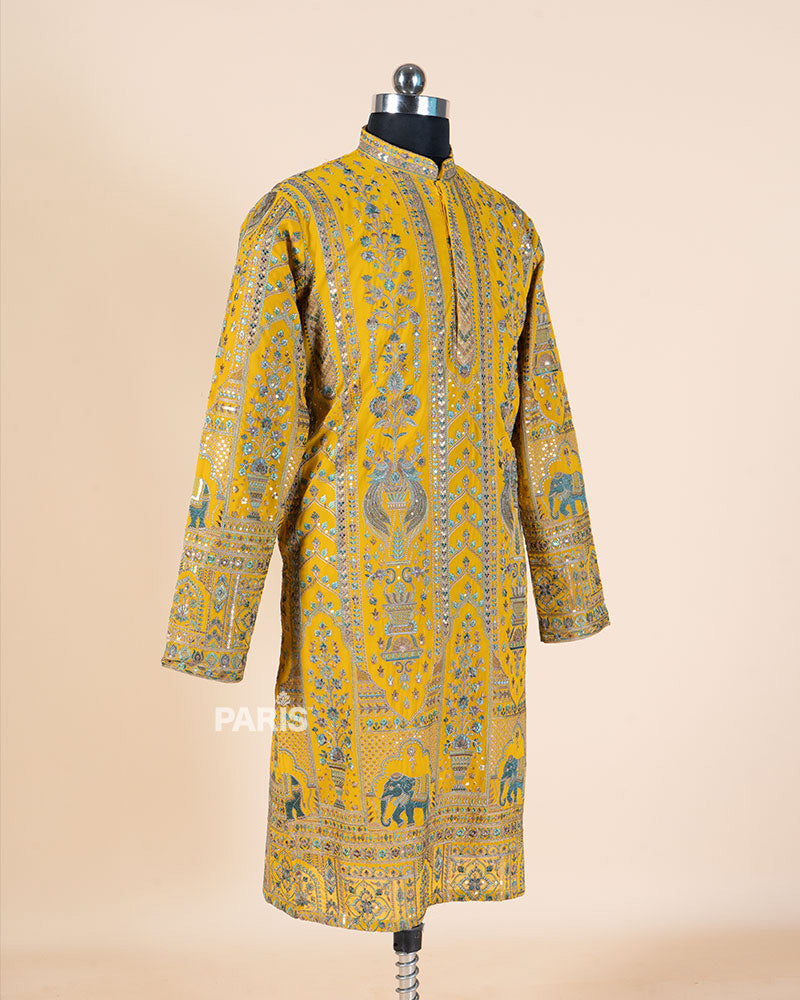 Mustard Yellow Embroidered Kurta with White Pajama Set 04