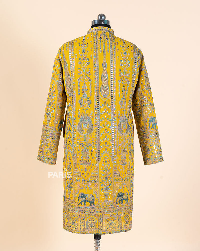 Mustard Yellow Embroidered Kurta with White Pajama Set 06