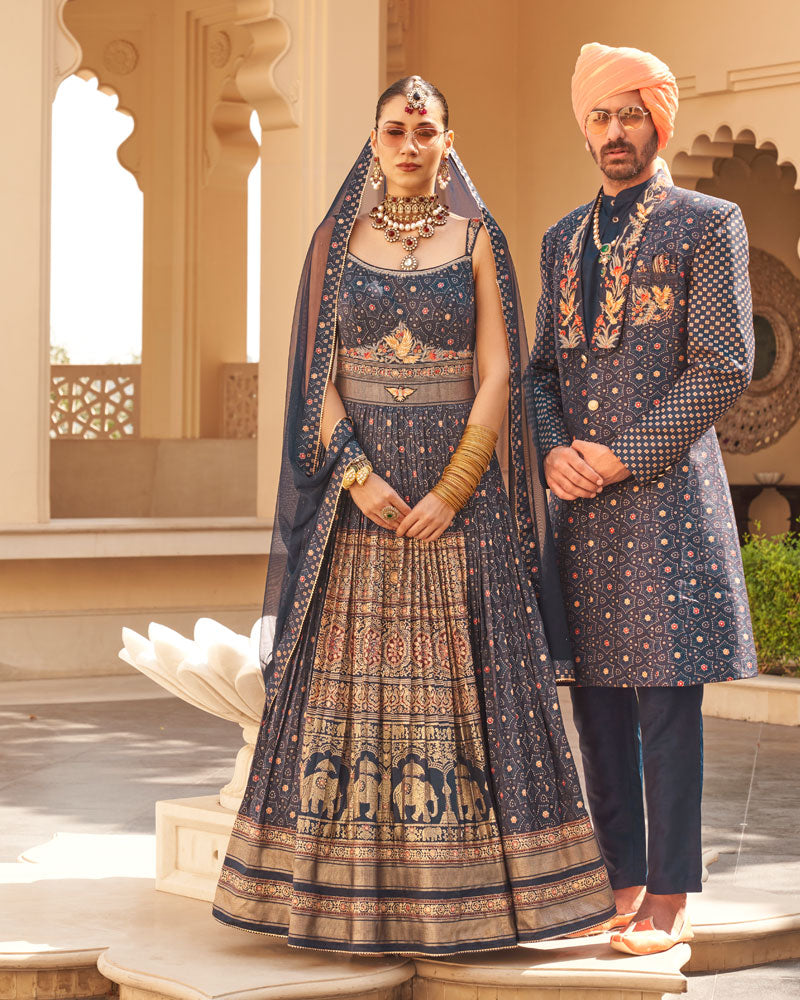 Navy Blue Printed Anarkali Dress and Men Kurta Set