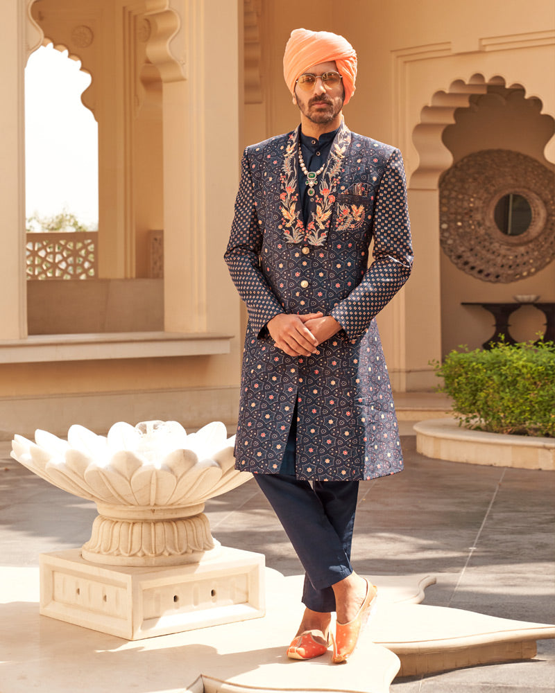 Navy Blue Printed Anarkali Dress and Men Kurta Set