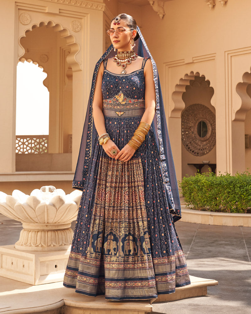 Navy Blue Printed Anarkali Dress and Men Kurta Set