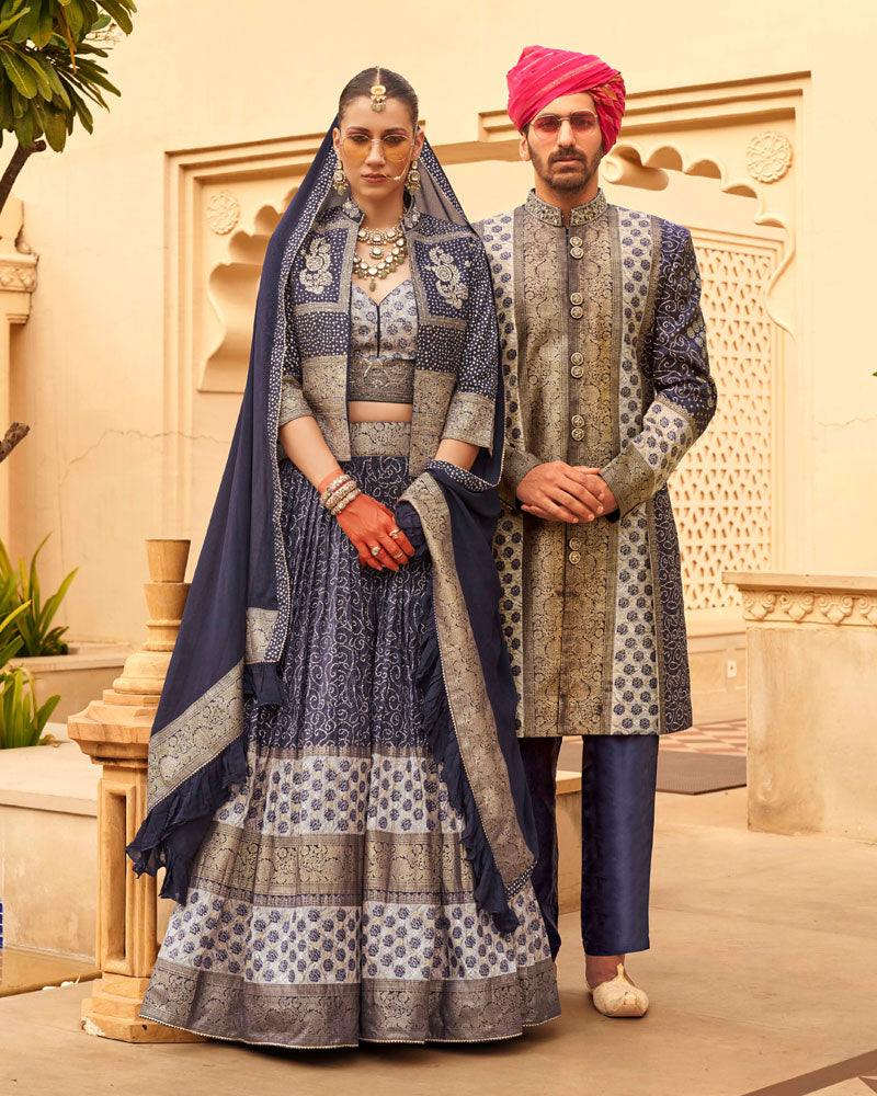 Navy Blue Printed Lehenga Set With Coat and Men Kurta Set