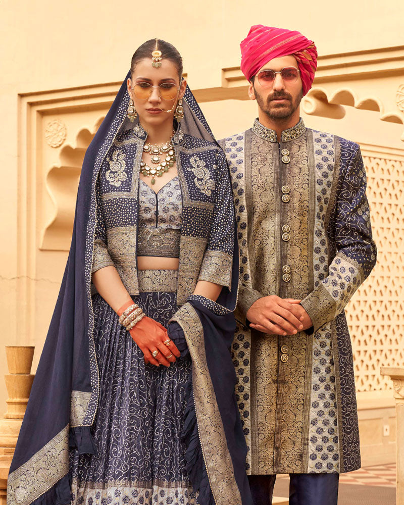 Navy Blue Printed Lehenga Set With Coat and Men Kurta Set
