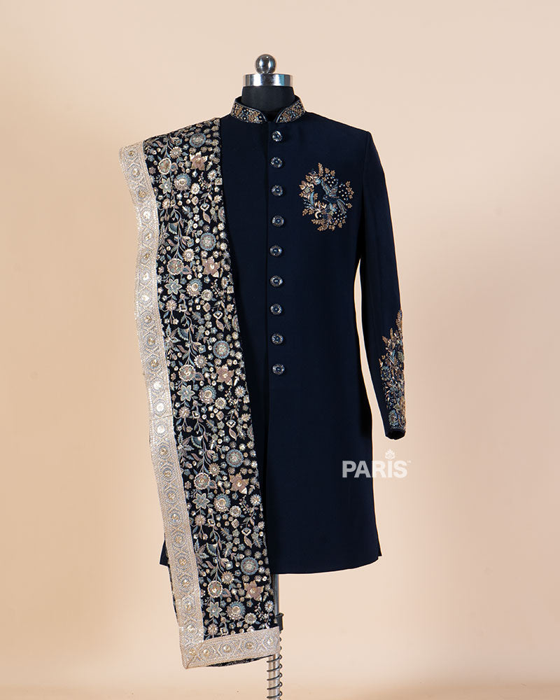 Navy Blue Embroidered Kurta Pajama Set with Decorative Dupatta 01