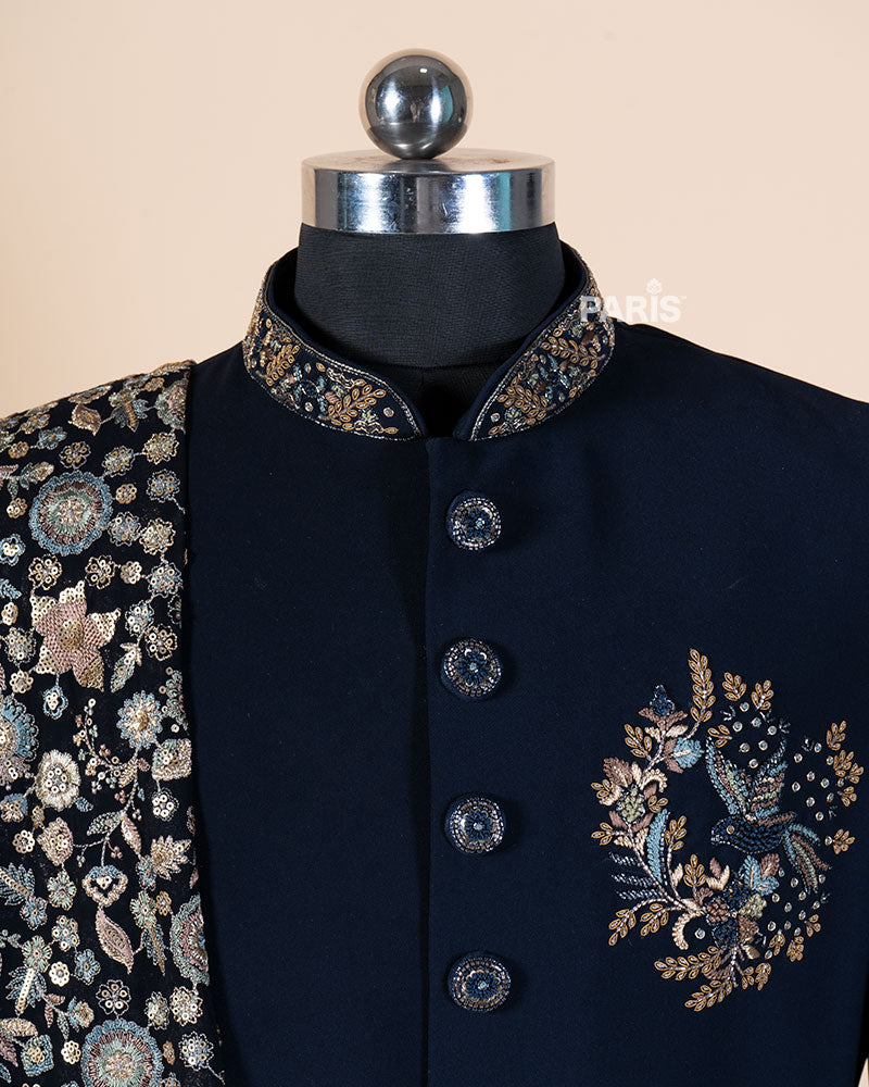 Navy Blue Embroidered Kurta Pajama Set with Decorative Dupatta 02