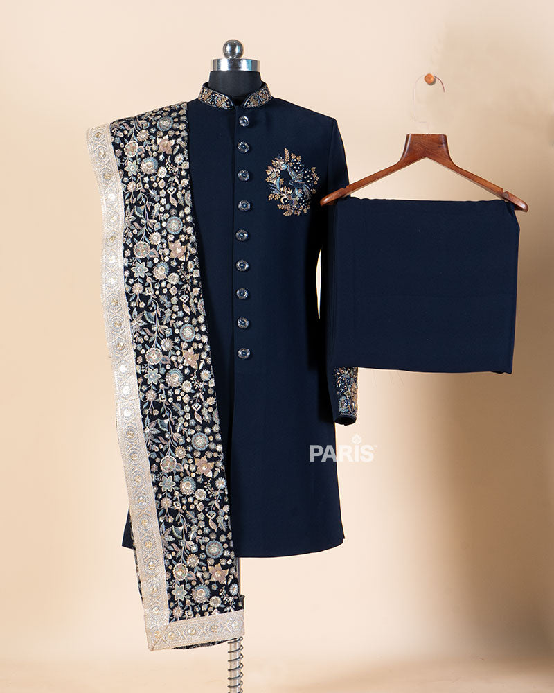 Navy Blue Embroidered Kurta Pajama Set with Decorative Dupatta 03