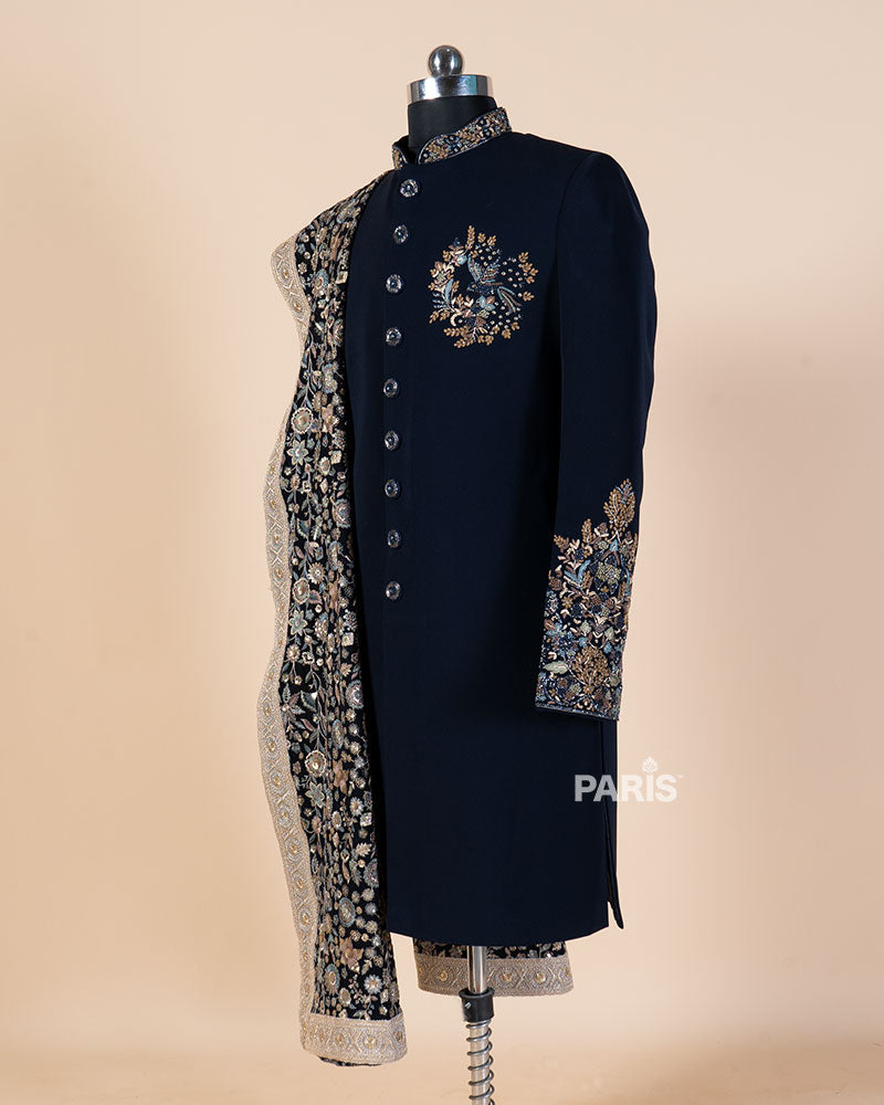 Navy Blue Embroidered Kurta Pajama Set with Decorative Dupatta 04