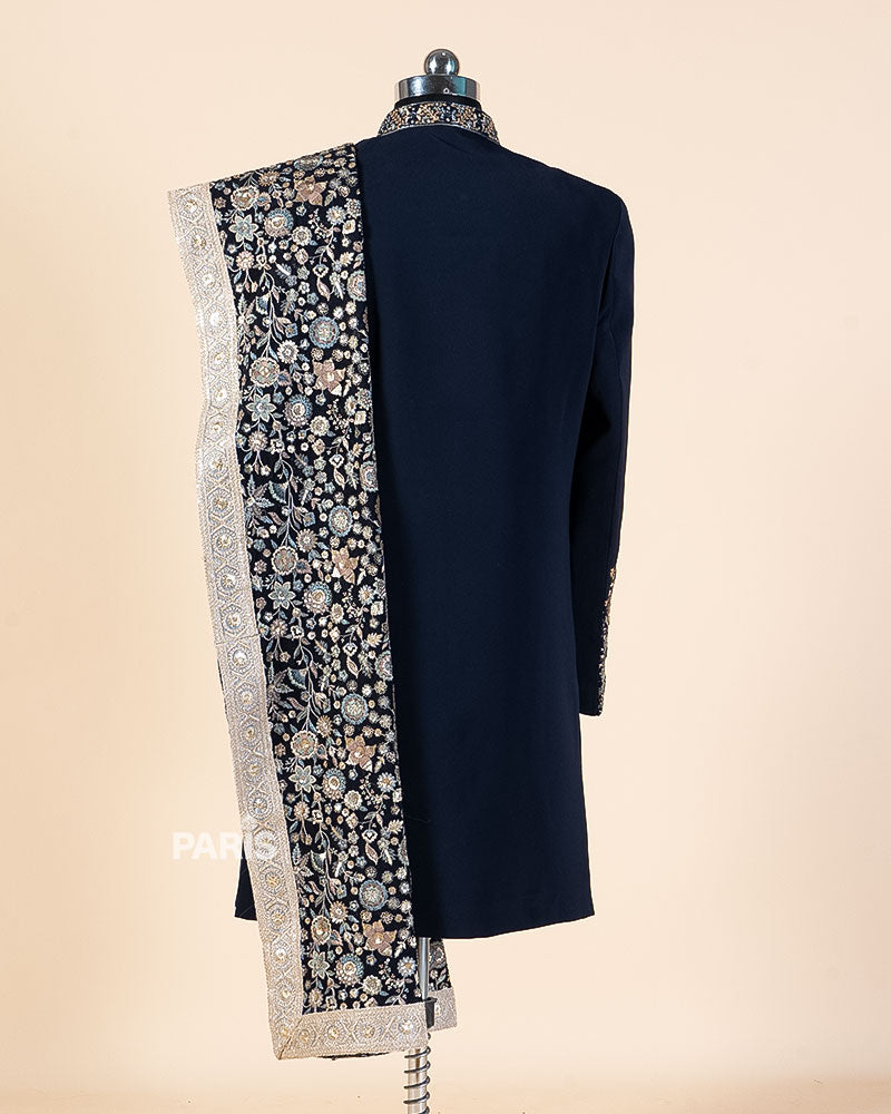 Navy Blue Embroidered Kurta Pajama Set with Decorative Dupatta 06