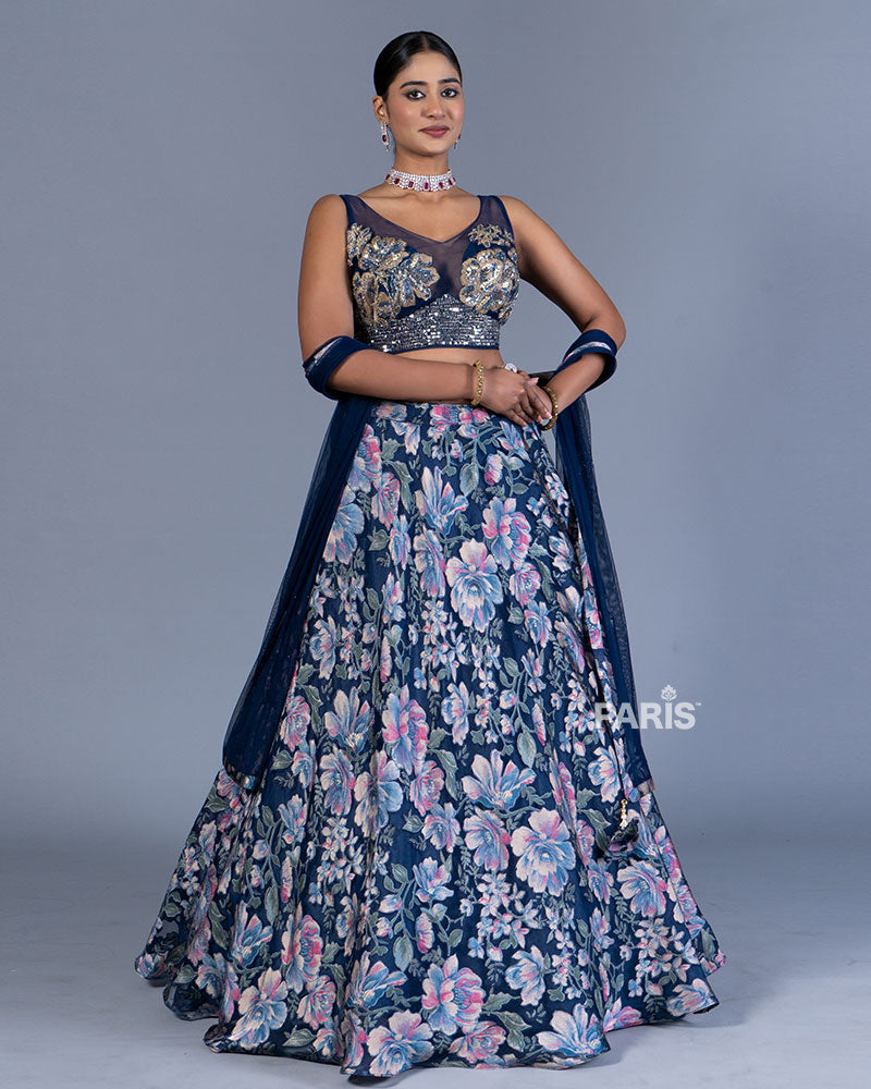 Navy Blue Floral Printed Lehenga Choli with Dupatta 01