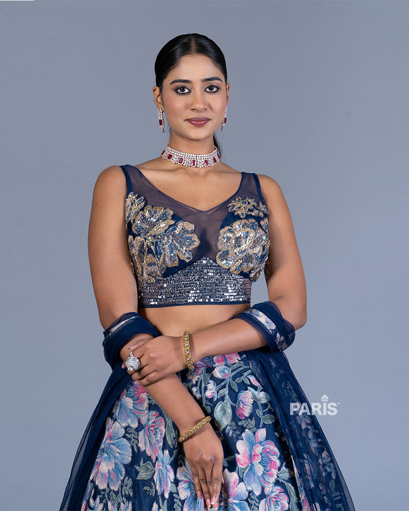 Navy Blue Floral Printed Lehenga Choli with Dupatta 02