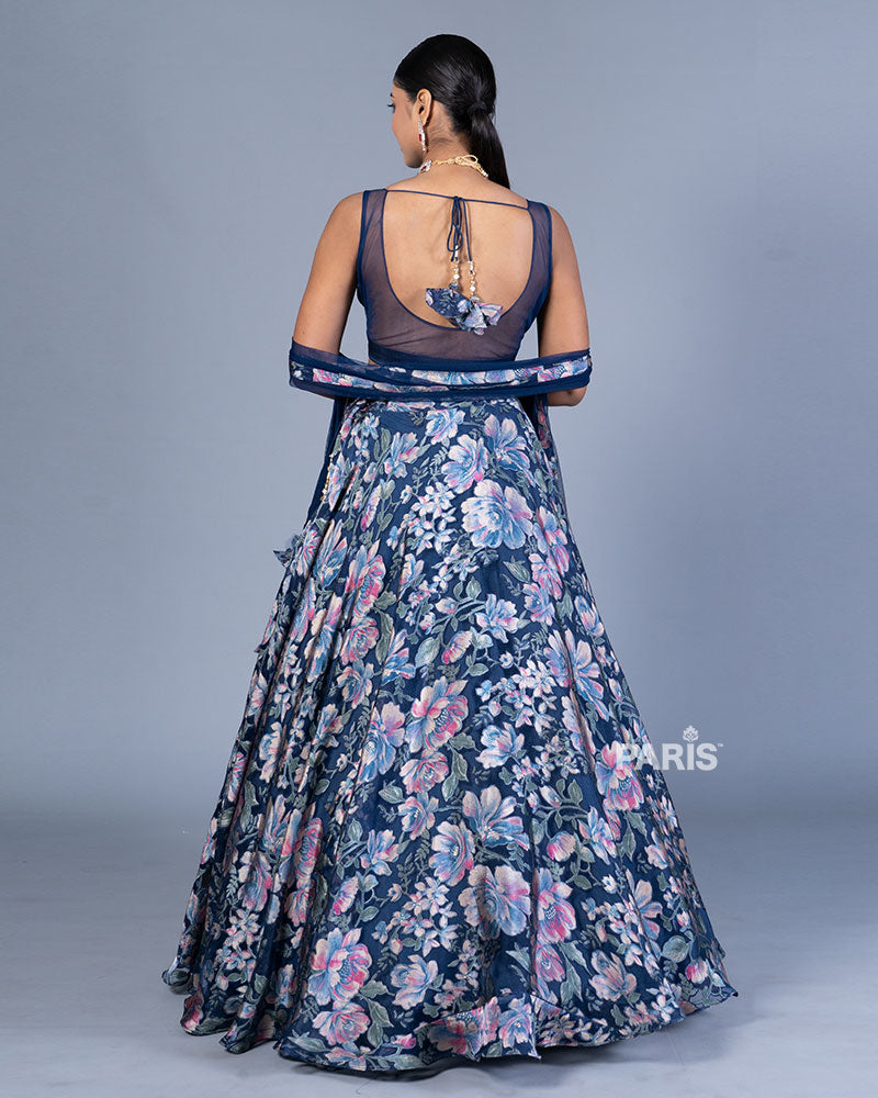 Navy Blue Floral Printed Lehenga Choli with Dupatta 03