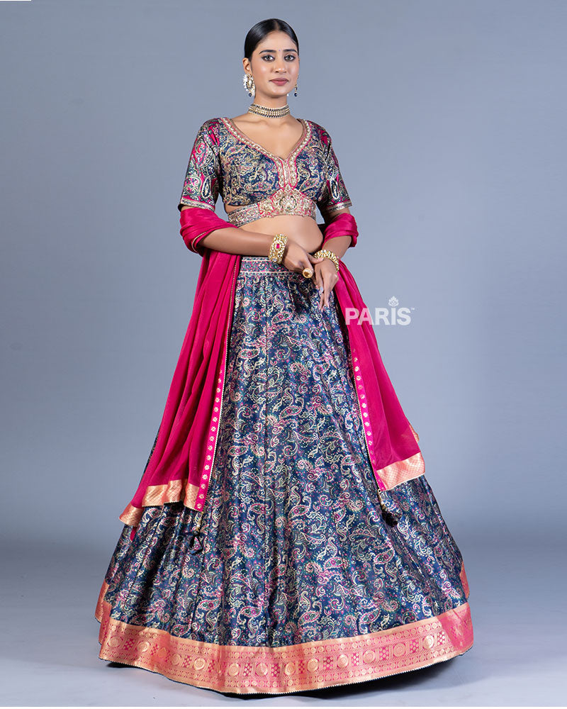 Navy Blue Paisley Lehenga with Embroidered Choli and Pink Dupatta 01