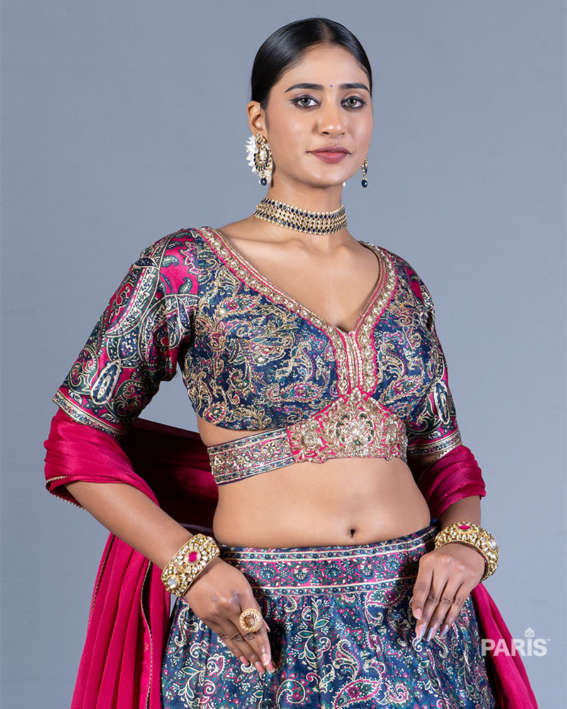 Navy Blue Paisley Lehenga with Embroidered Choli and Pink Dupatta 02
