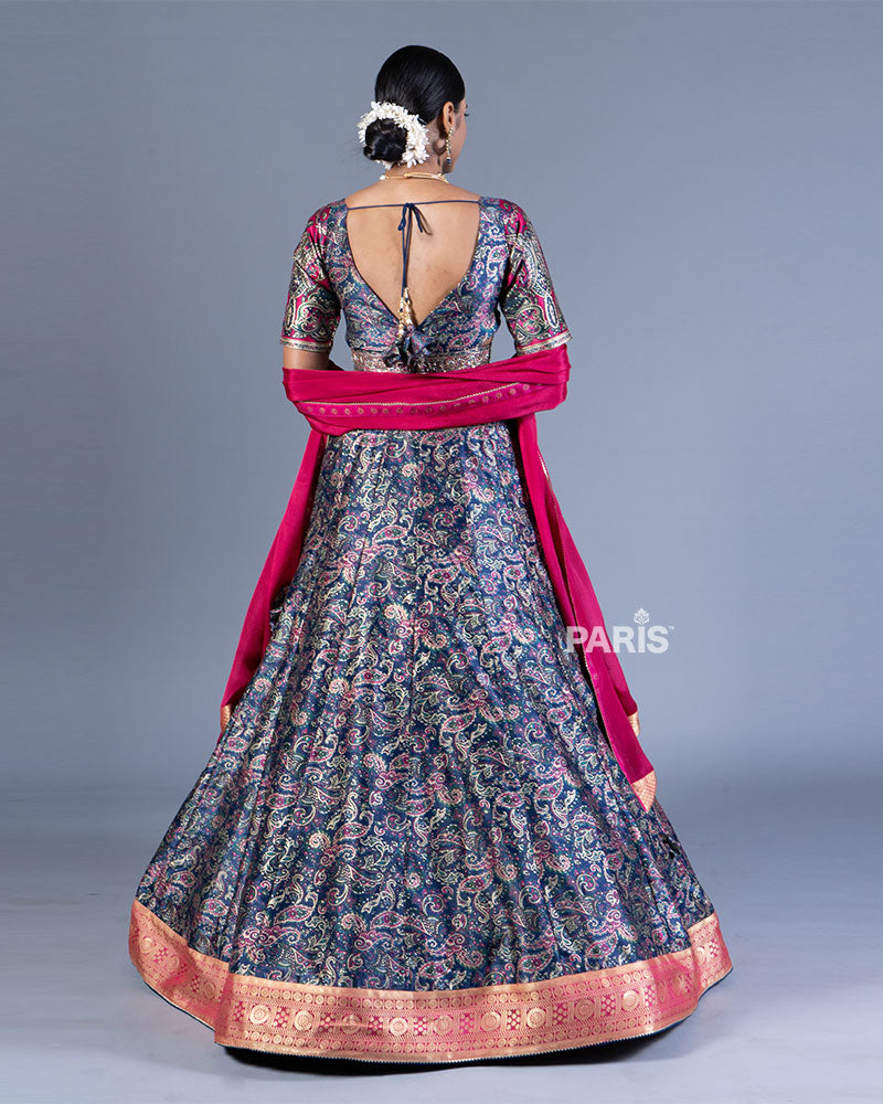 Navy Blue Paisley Lehenga with Embroidered Choli and Pink Dupatta 03