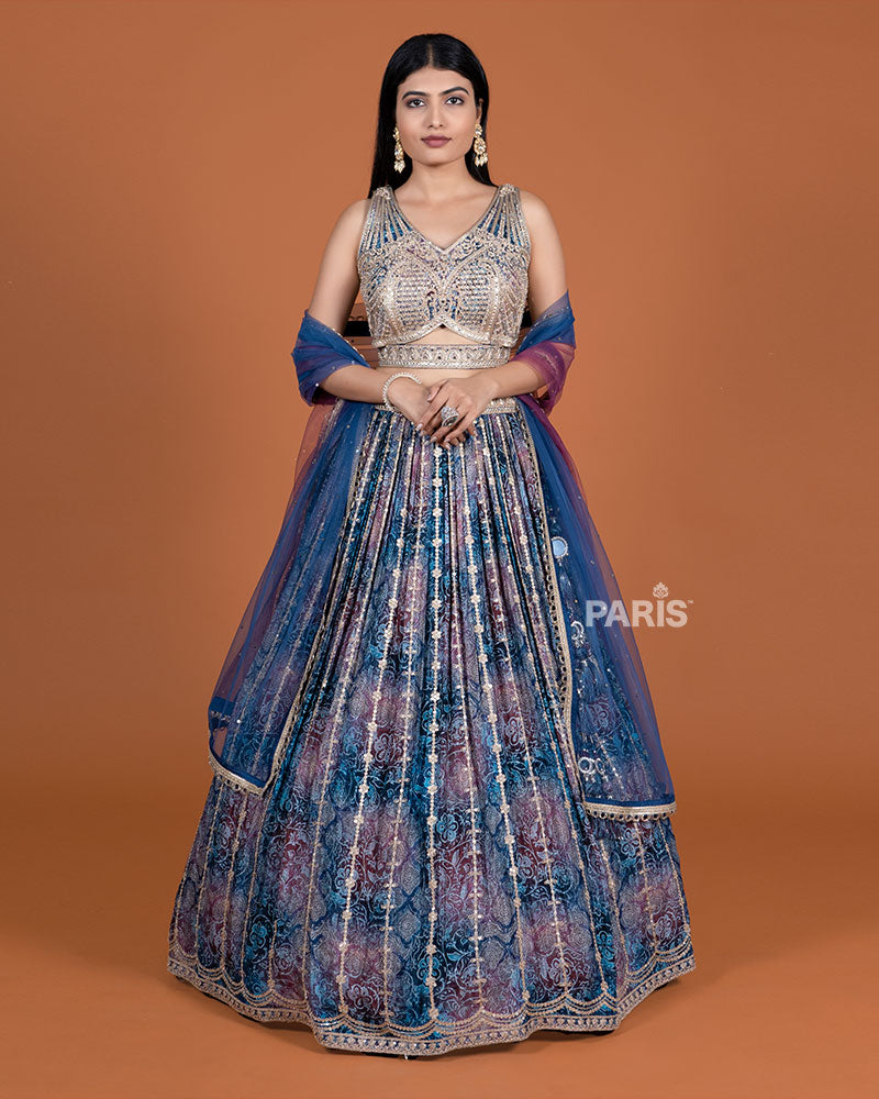 Navy Blue Plum Printed Lehenga Choli with Embellished Dupatta 01