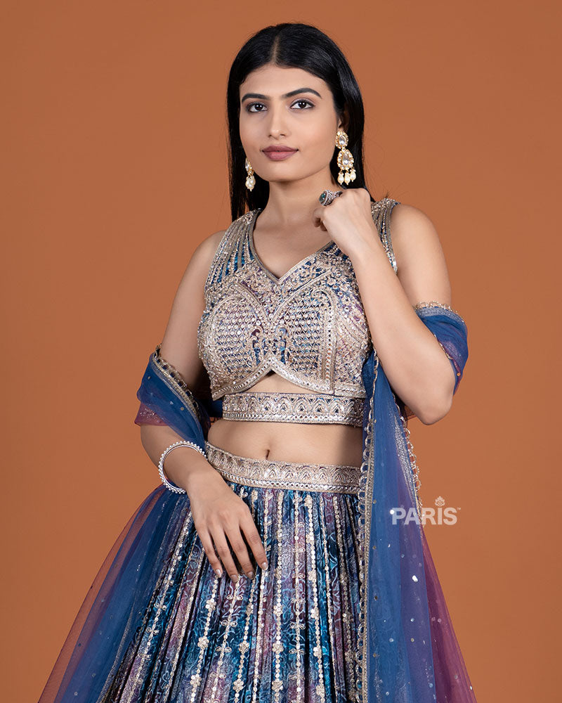 Navy Blue Plum Printed Lehenga Choli with Embellished Dupatta 02