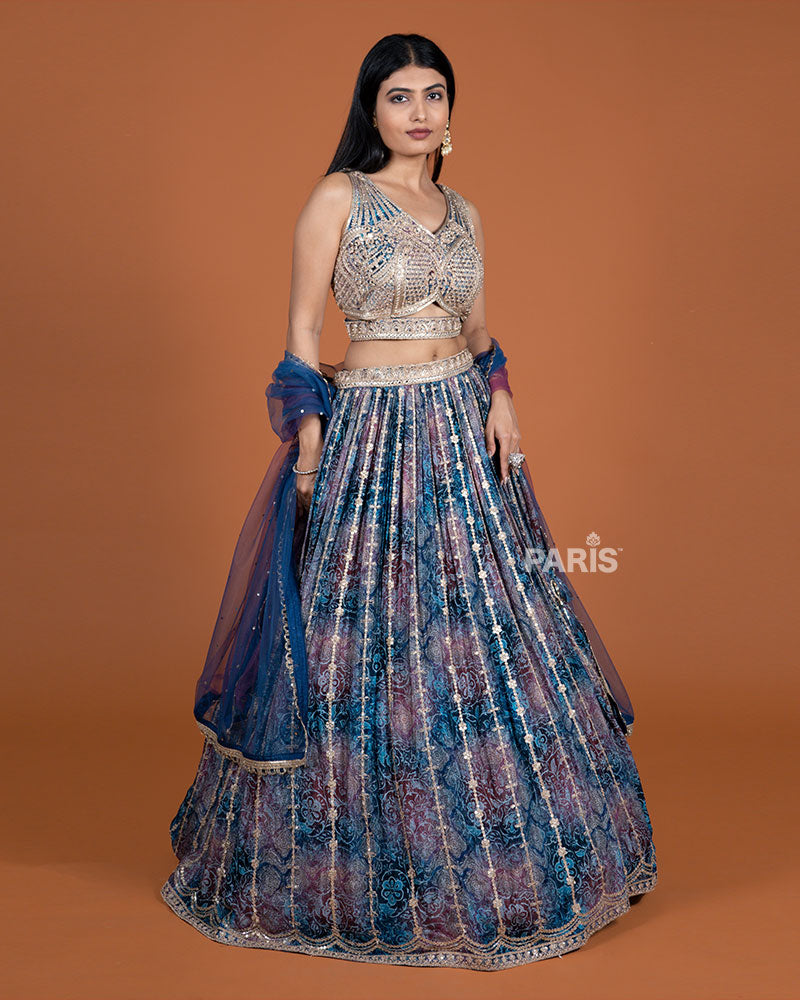 Navy Blue Plum Printed Lehenga Choli with Embellished Dupatta 04