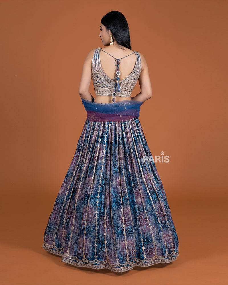 Navy Blue Plum Printed Lehenga Choli with Embellished Dupatta 05