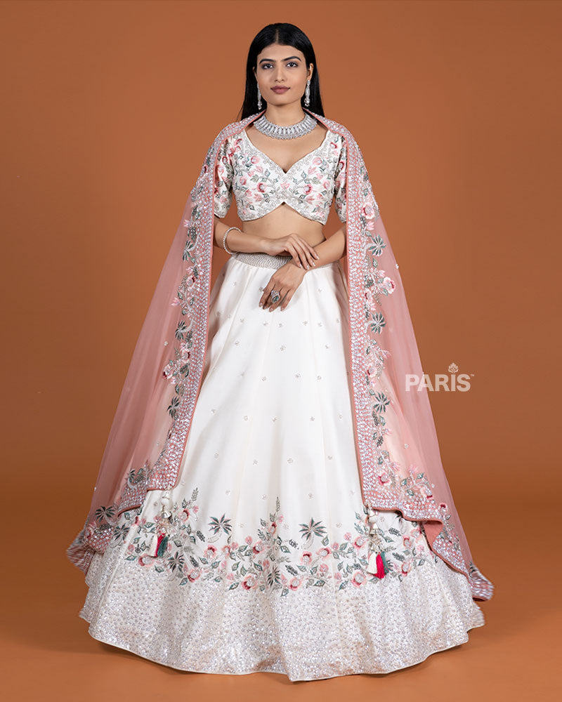Off White Embroidered Lehenga Choli and Pink Dupatta 01