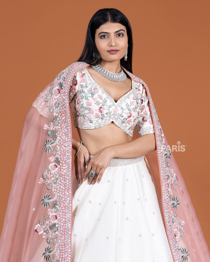Off White Embroidered Lehenga Choli and Pink Dupatta 02