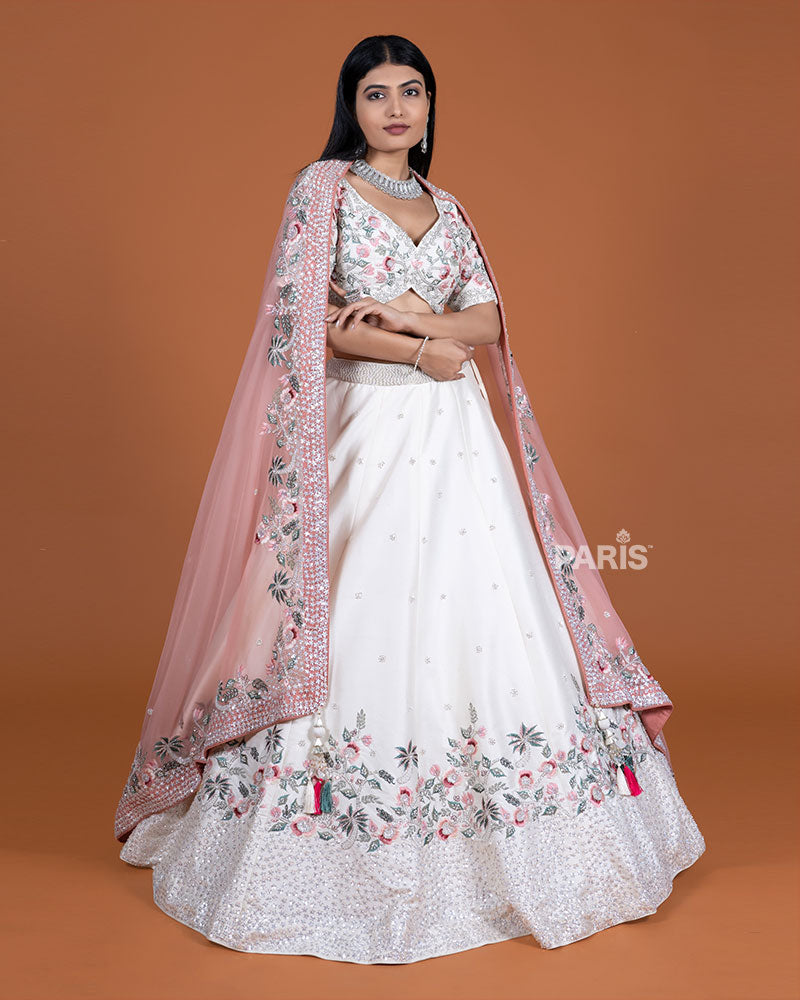 Off White Embroidered Lehenga Choli and Pink Dupatta 04