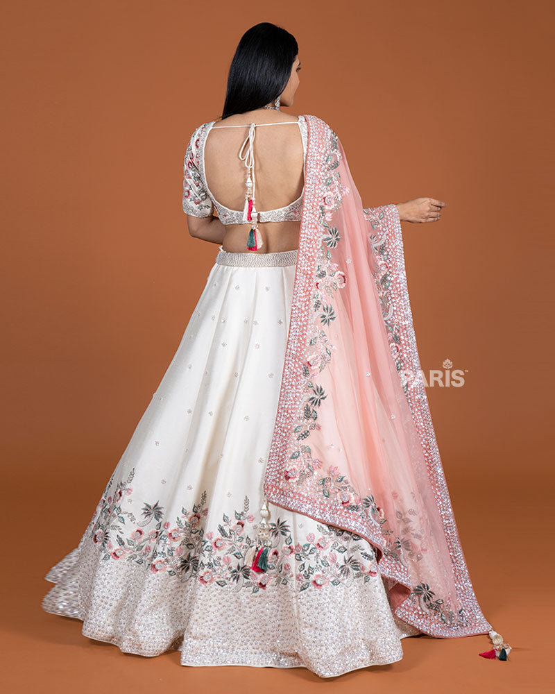 Off White Embroidered Lehenga Choli and Pink Dupatta 05