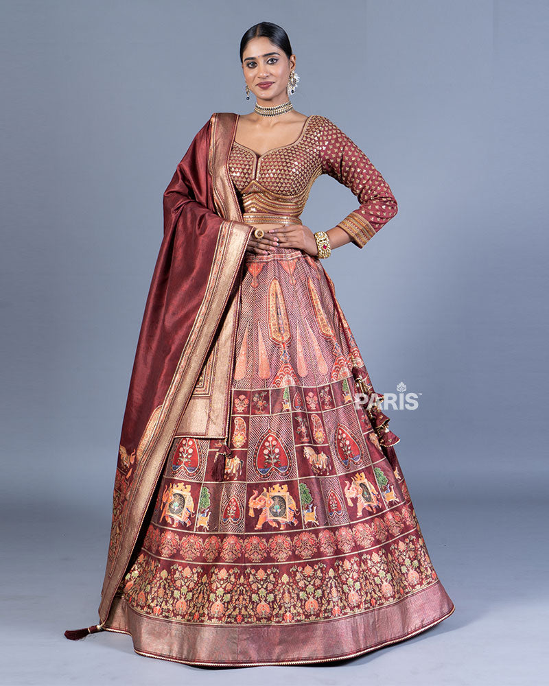 Old Rose Embroidered Lehenga Choli with Dupatta and Belt 01