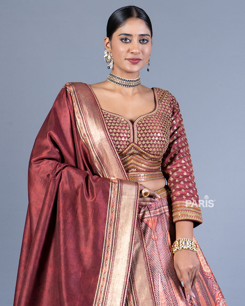 Old Rose Embroidered Lehenga Choli with Dupatta and Belt 02