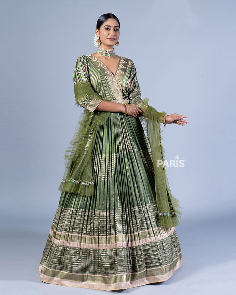 Olive Green Embellished Pleated Gown with Dupatta 01