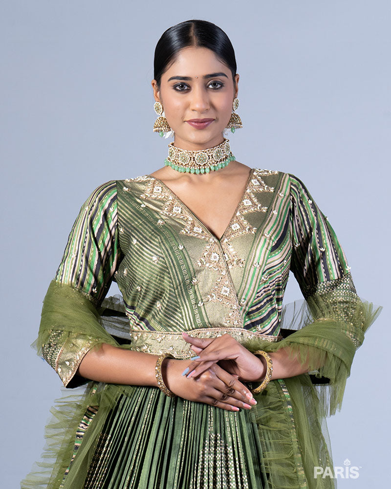 Olive Green Embellished Pleated Gown with Dupatta 02