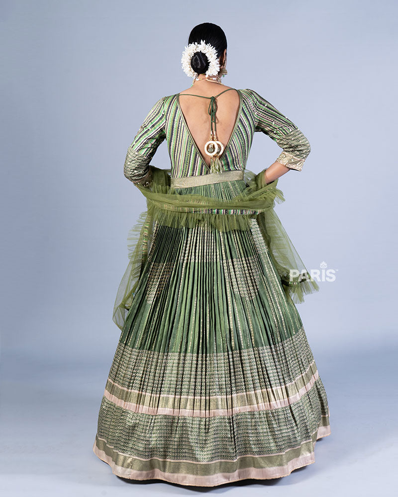 Olive Green Embellished Pleated Gown with Dupatta 03