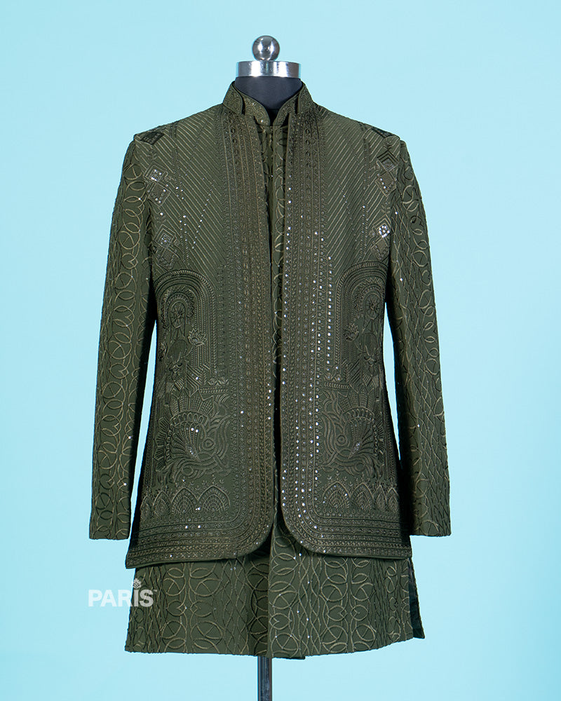 Olive Green Sequined Kurta Jacket Set with Pajama 01