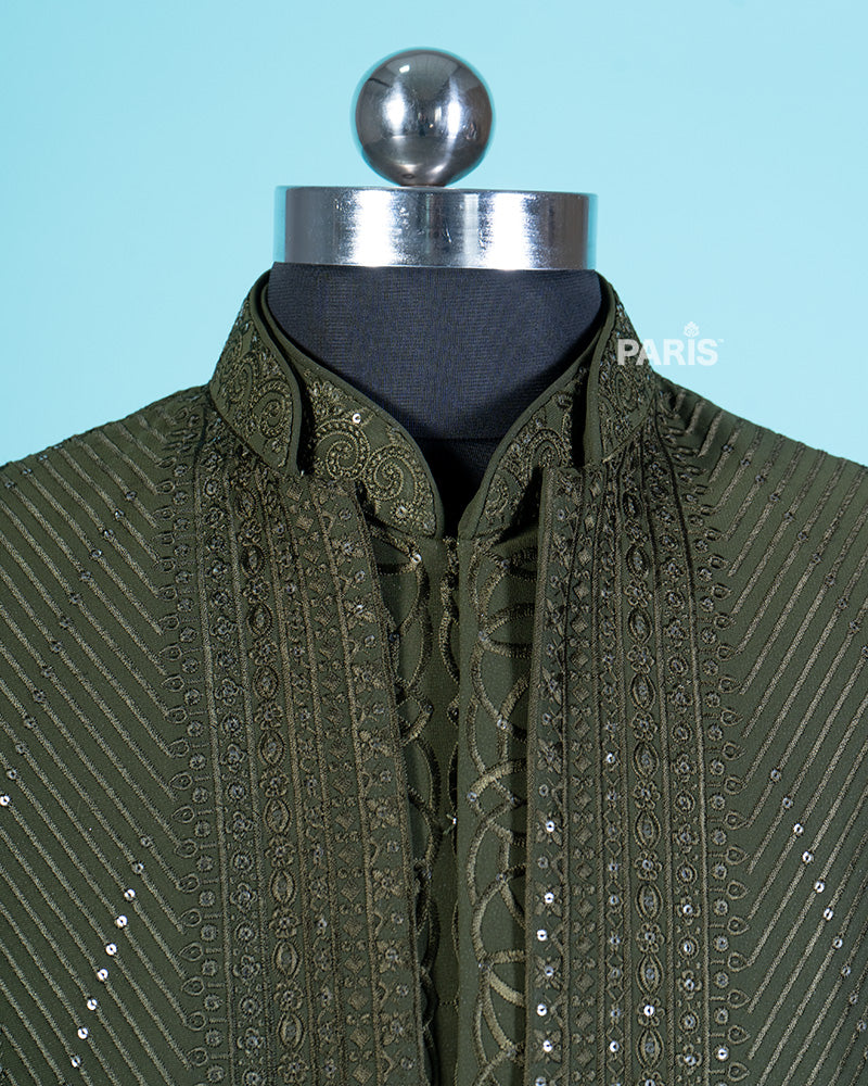 Olive Green Sequined Kurta Jacket Set with Pajama 02