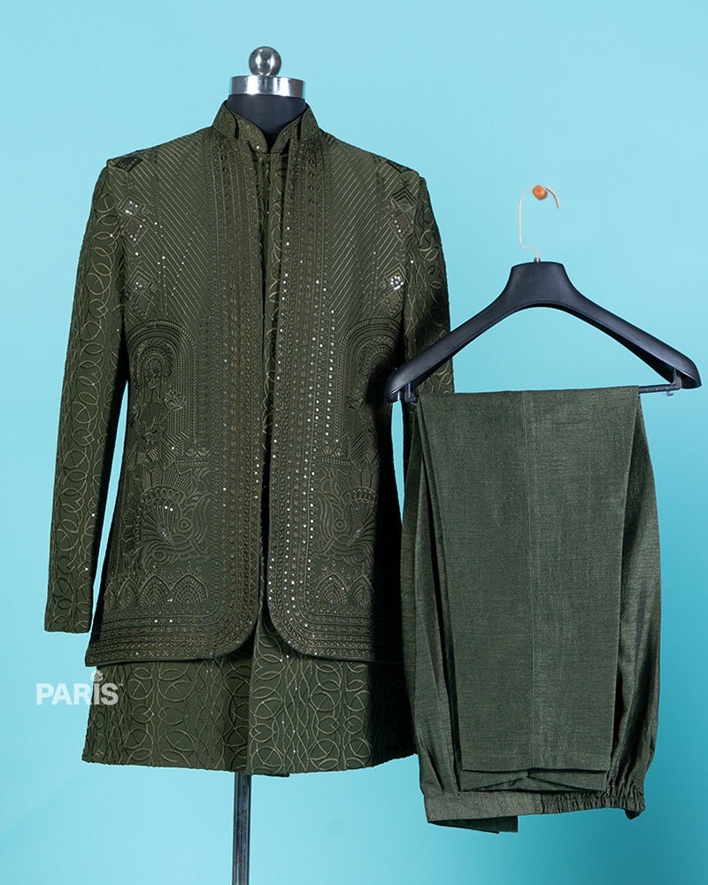 Olive Green Sequined Kurta Jacket Set with Pajama 03