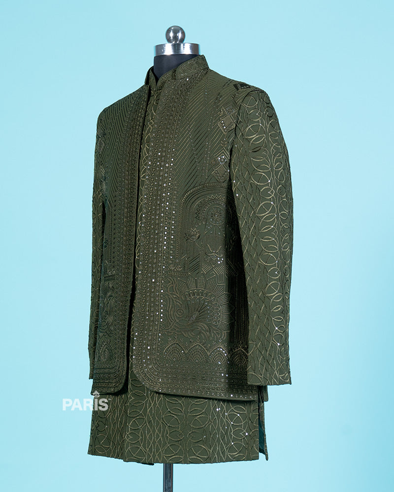 Olive Green Sequined Kurta Jacket Set with Pajama 04