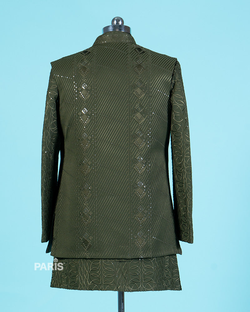 Olive Green Sequined Kurta Jacket Set with Pajama 06