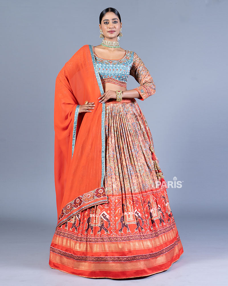 Orange Lehenga Teal Blue Embroidered Choli with Dupatta 01