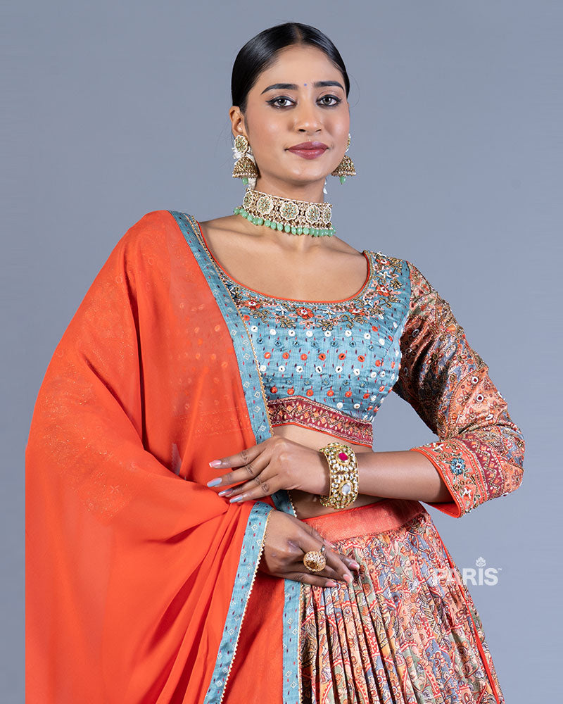 Orange Lehenga Teal Blue Embroidered Choli with Dupatta 02