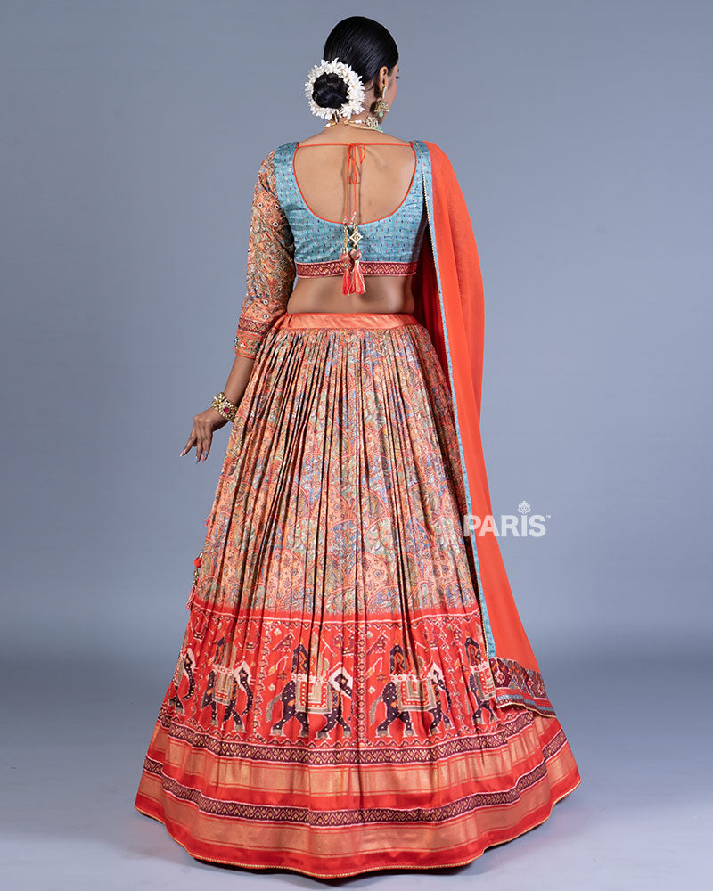 Orange Lehenga Teal Blue Embroidered Choli with Dupatta 03