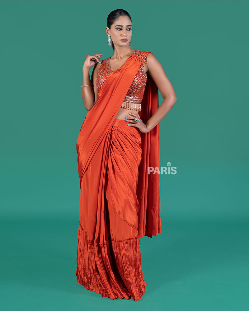 Orange Ready to wear Saree with Embellished Blouse 01