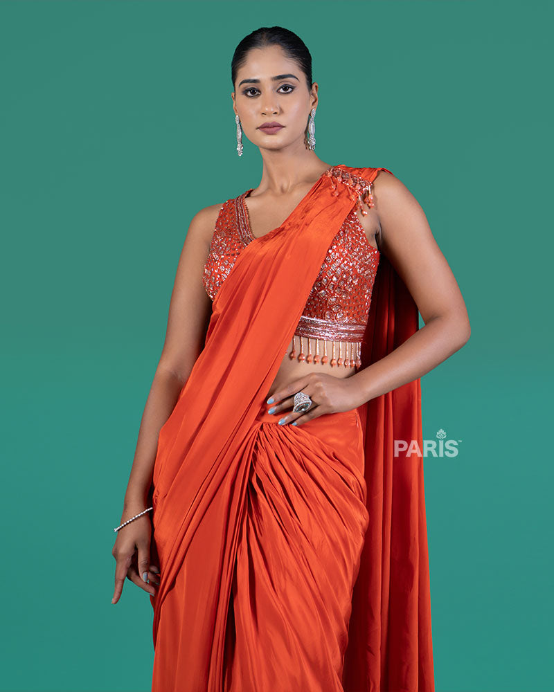Orange Ready to wear Saree with Embellished Blouse 02