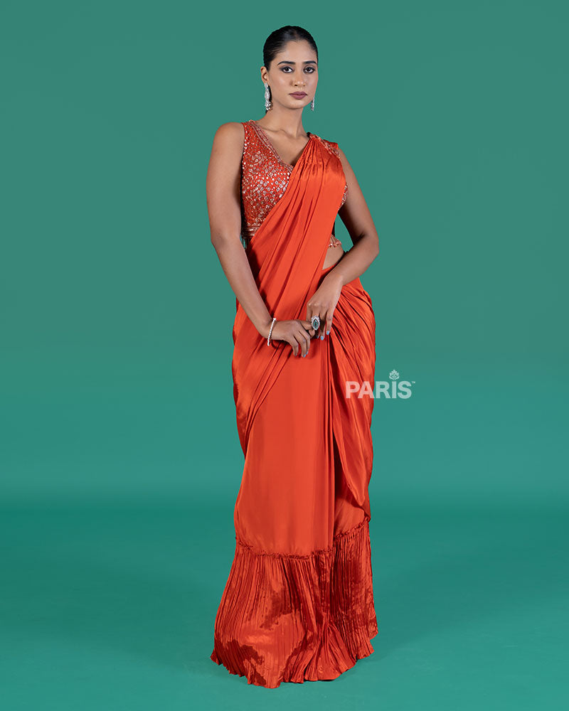 Orange Ready to wear Saree with Embellished Blouse 05