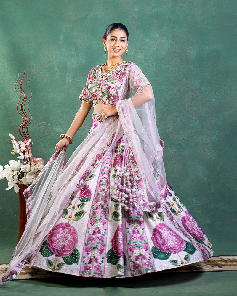 Elegant Pink And Lavender Floral Lehenga Set With Dupatta