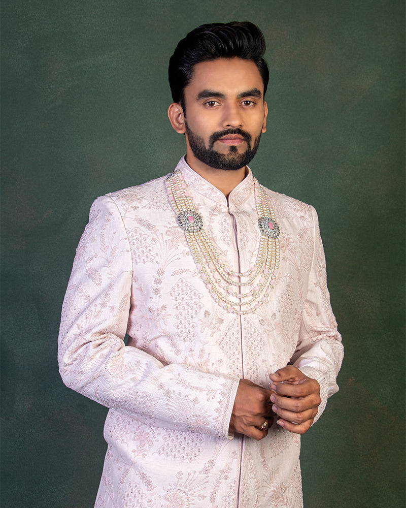 Baby Pink Shade Sherwani with Jacket and Dupatta for Wedding Groom